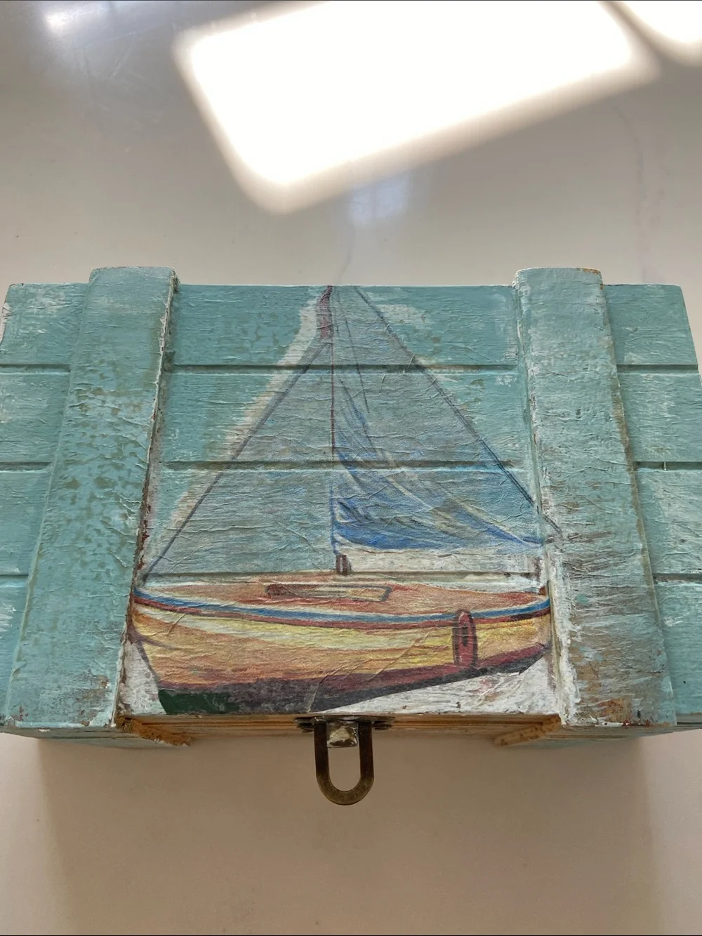 Coastal Wooden Trinket Box in Light Aqua - Nautical Accent